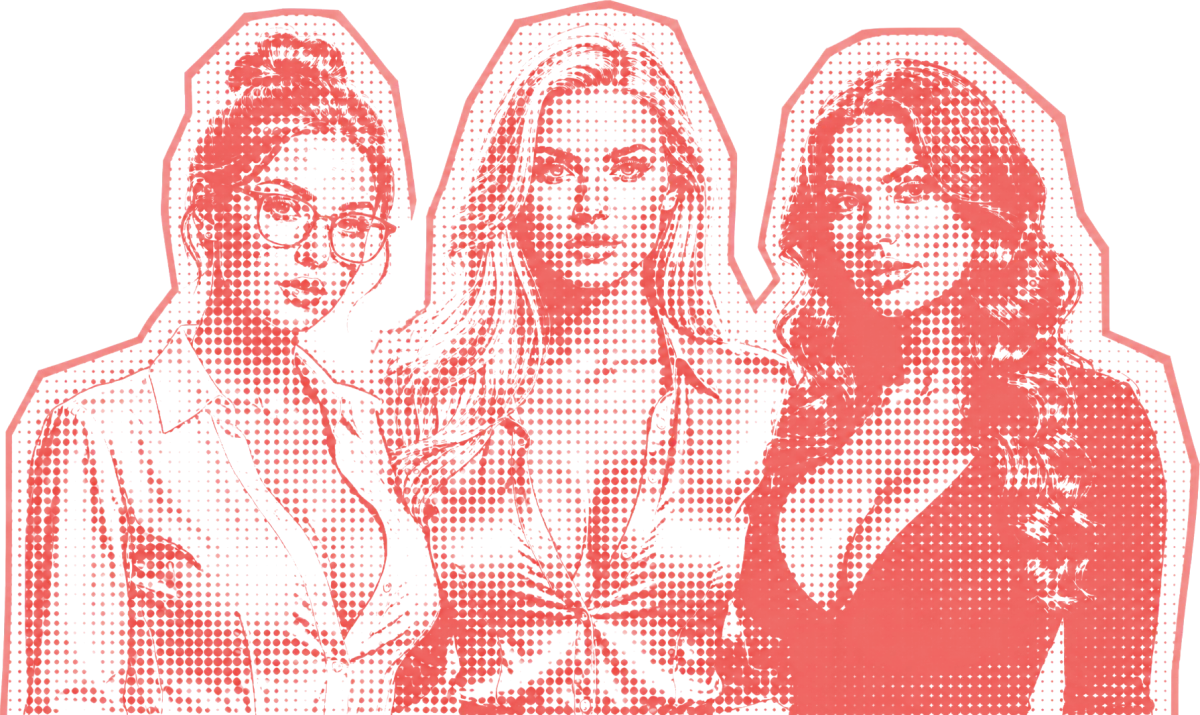 Three women rendered as a red halftone cutout