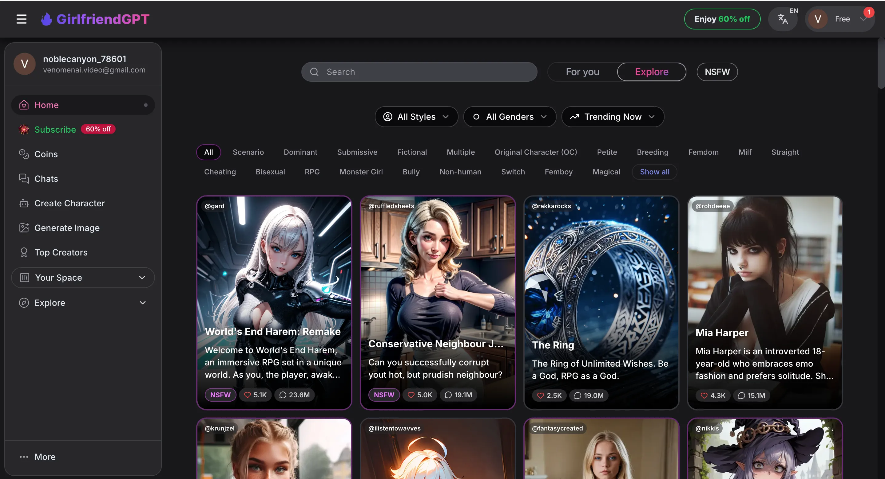 GirlfriendGPT's Explore page and its community-created characters