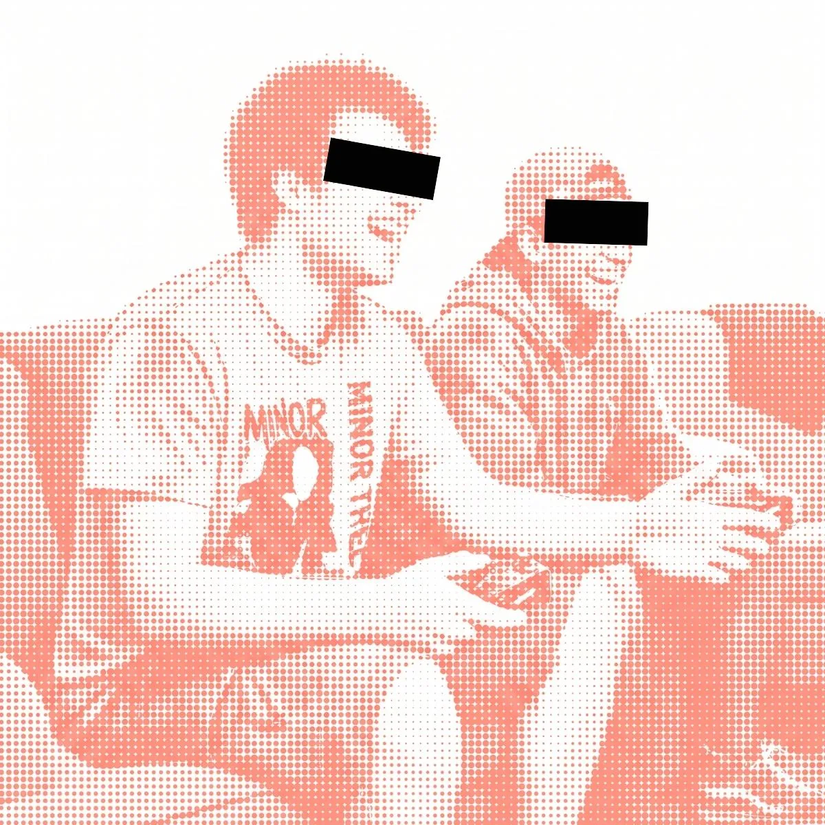 Halftone image of Steve sitting on a sofa beside another man, with black bars over both pairs of eyes