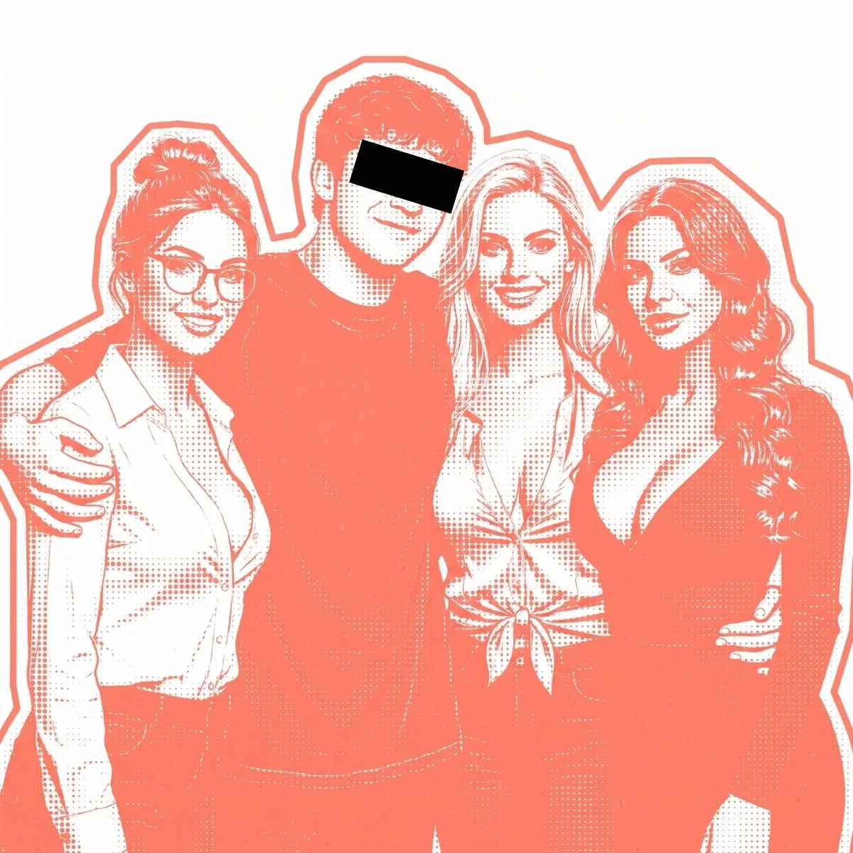 Halftone image of Steve standing with three women, with a black bar over his eyes
