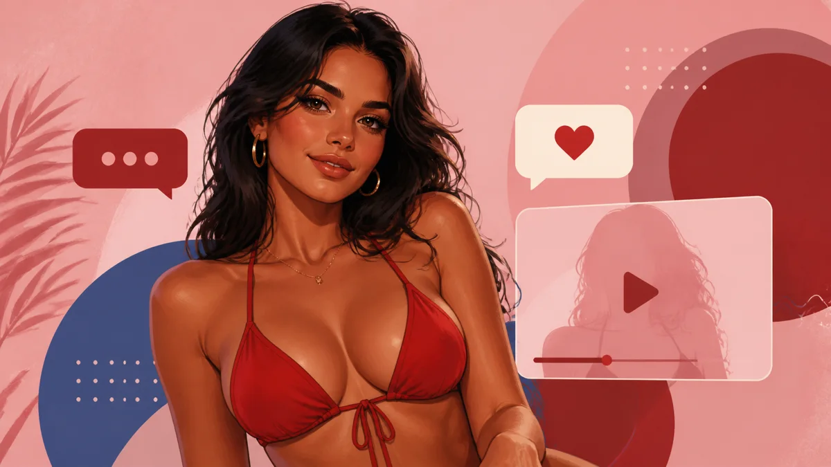 Illustrative placeholder of a fictional adult AI companion with chat and video elements