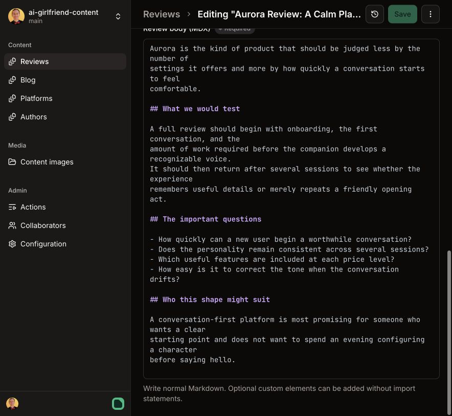 Pages CMS MDX body editor showing paragraphs, headings, and a bullet list