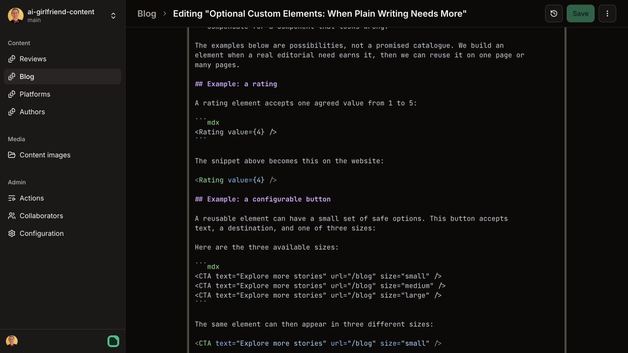 The Pages CMS body editor with rating, button, and pros-and-cons element snippets placed between normal article sections