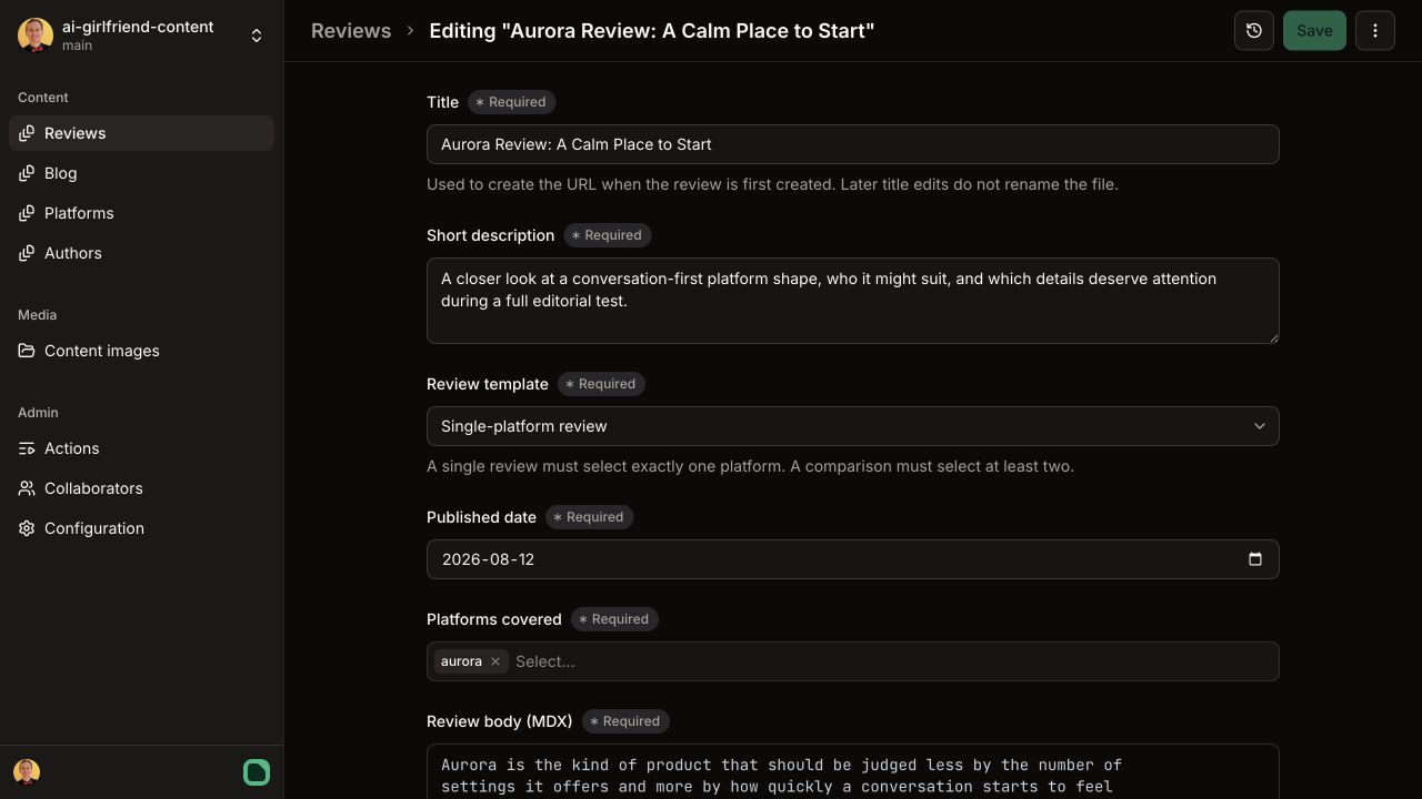 Pages CMS review editor showing the title, description, review template, published date, platforms, and article body